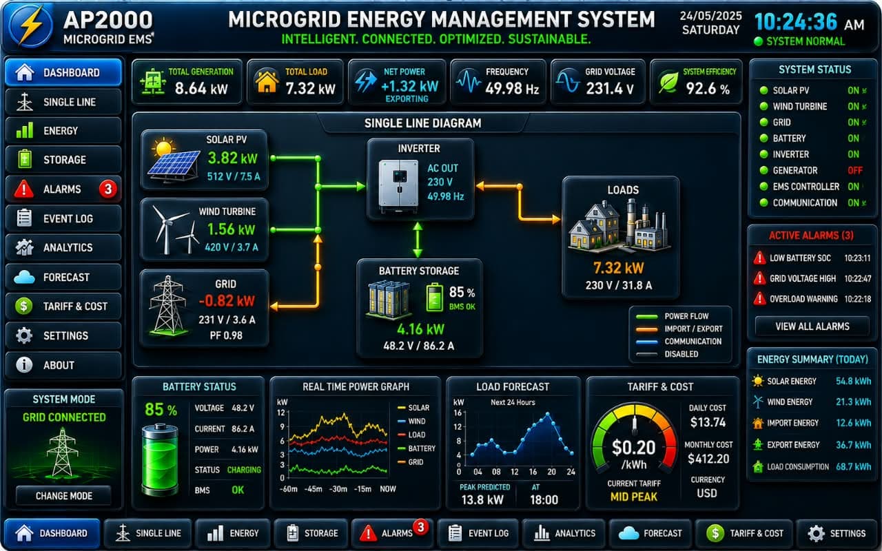 Microgrid energy management dashboard showing solar PV, wind turbine, grid, battery storage and load power flows